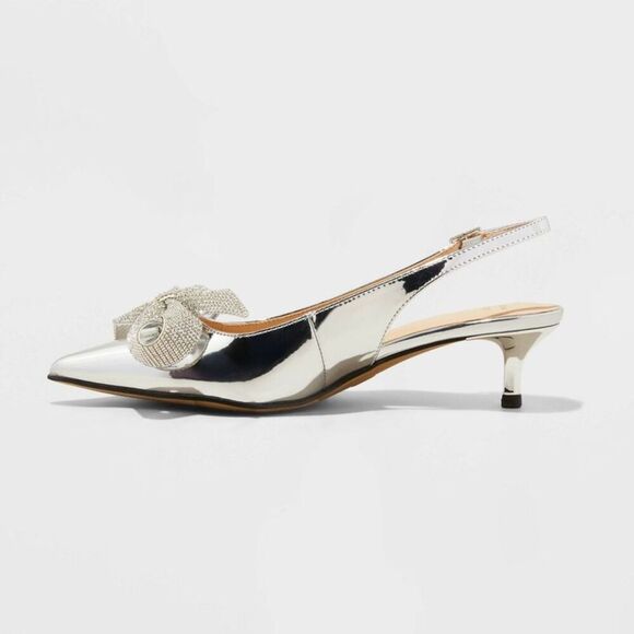 A New Day -  Women's Rhinestone Bow Slingback Kitten  Silver - Picture 2 of 4